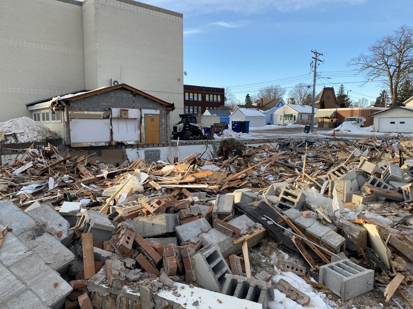 Shell Lake Clinic with roof removed during demolition